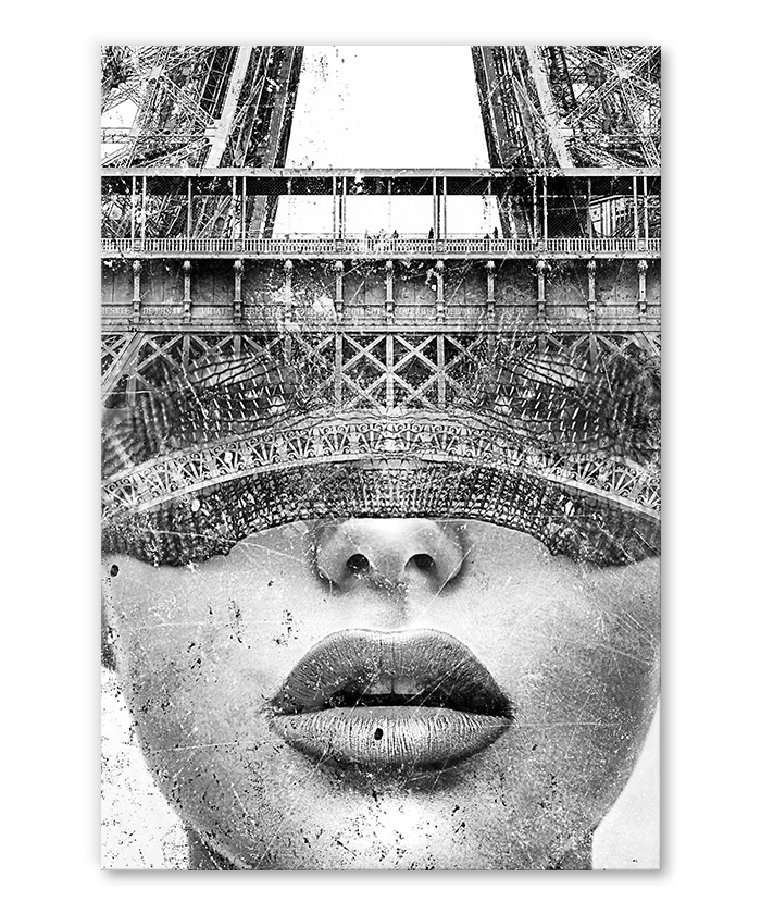 Tableau déco portrait femme Tour Eiffel - noir et blanc