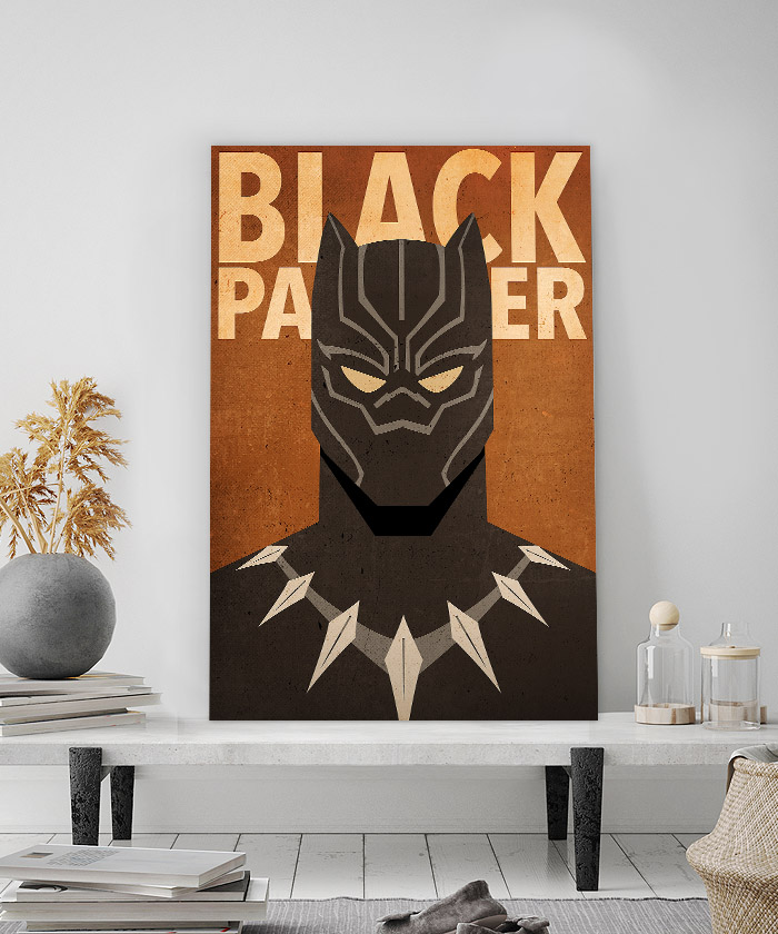 Tableau déco portrait Black Panther orné de feuilles - Tableau Deco